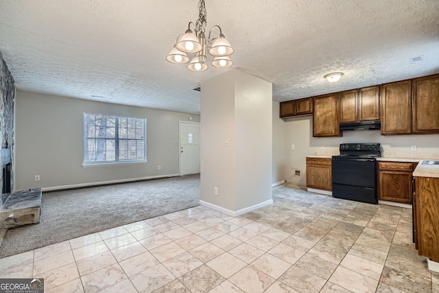 kitchen featuring light colored carpet, under cabinet range hood, black electric range, light countertops, and brown cabinetry