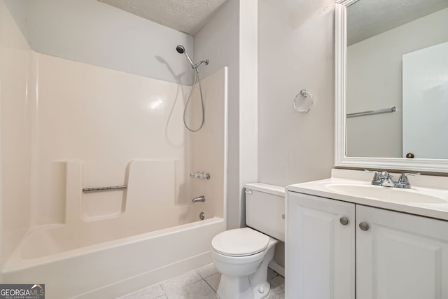 full bathroom with toilet, tile patterned flooring, a textured ceiling, vanity, and shower / bathing tub combination