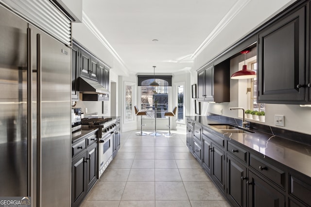 kitchen with premium appliances, dark countertops, ornamental molding, under cabinet range hood, and a sink