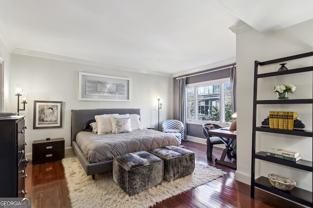 bedroom featuring ornamental molding and dark wood-style flooring