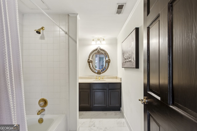 bathroom featuring marble finish floor, visible vents, shower / bathtub combination with curtain, ornamental molding, and vanity