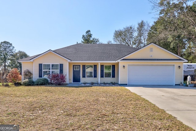 single story home with an attached garage, driveway, a shingled roof, and a front yard