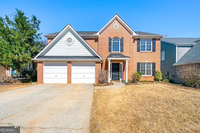 view of front of house featuring driveway, an attached garage, a front yard, and brick siding