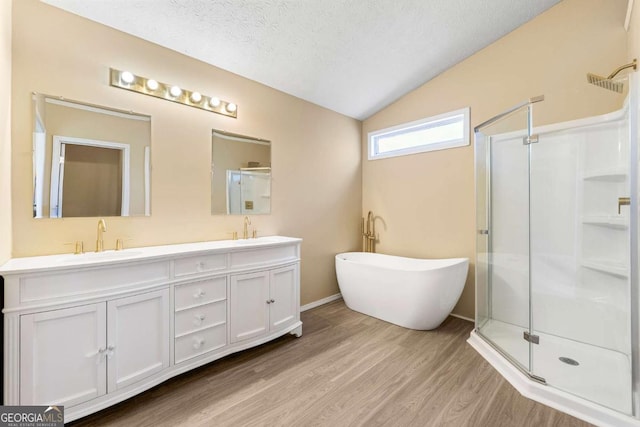 bathroom featuring a stall shower, a textured ceiling, a sink, and wood finished floors