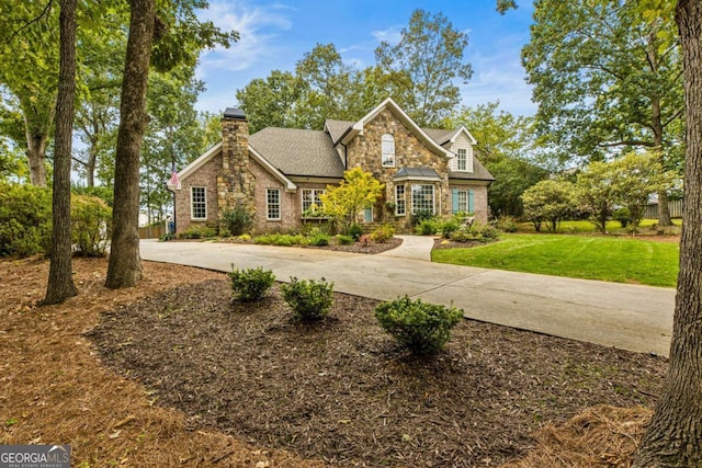 traditional-style home featuring stone siding, a front yard, concrete driveway, and a chimney