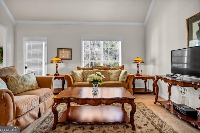 living room with light carpet, crown molding, and baseboards