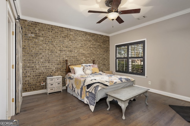 bedroom with baseboards, visible vents, brick wall, dark wood-style flooring, and crown molding