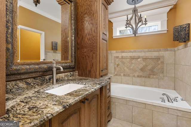 bathroom featuring vanity, ornamental molding, a bath, tile patterned floors, and an inviting chandelier