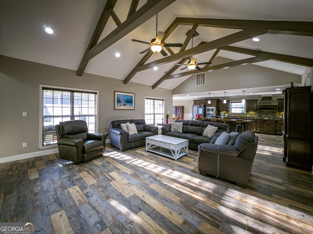 living room with baseboards, visible vents, dark wood-type flooring, high vaulted ceiling, and beam ceiling