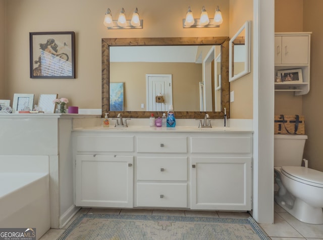 full bathroom with a garden tub, tile patterned flooring, a sink, and toilet