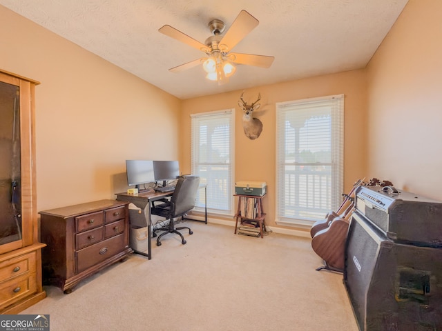 office space featuring light colored carpet, ceiling fan, and a textured ceiling