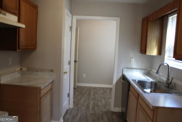 kitchen featuring under cabinet range hood, wood finished floors, a sink, baseboards, and light countertops