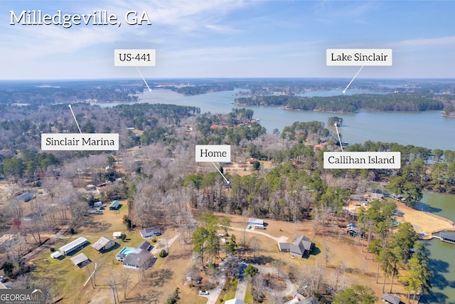 birds eye view of property with a water view and a wooded view