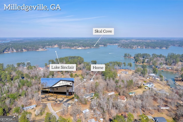 aerial view featuring a water view