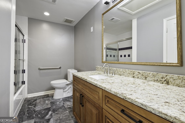 full bath with toilet, baseboards, visible vents, and vanity