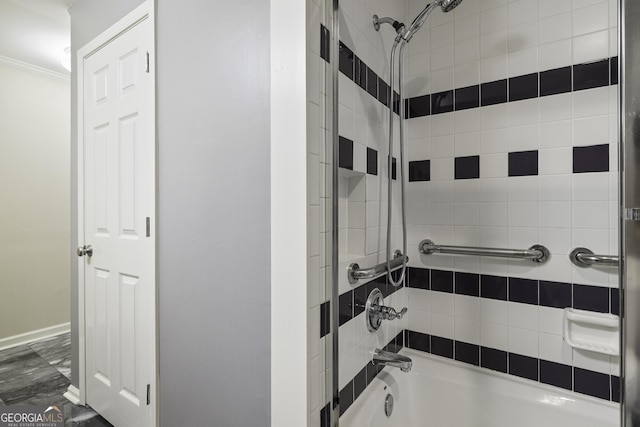 bathroom featuring ornamental molding and bathing tub / shower combination