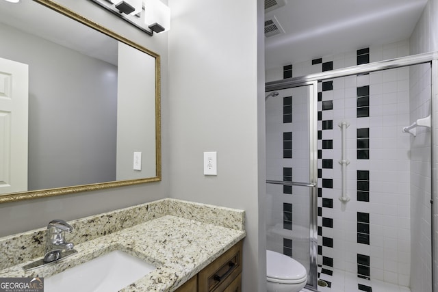 full bath with toilet, a shower stall, visible vents, and vanity