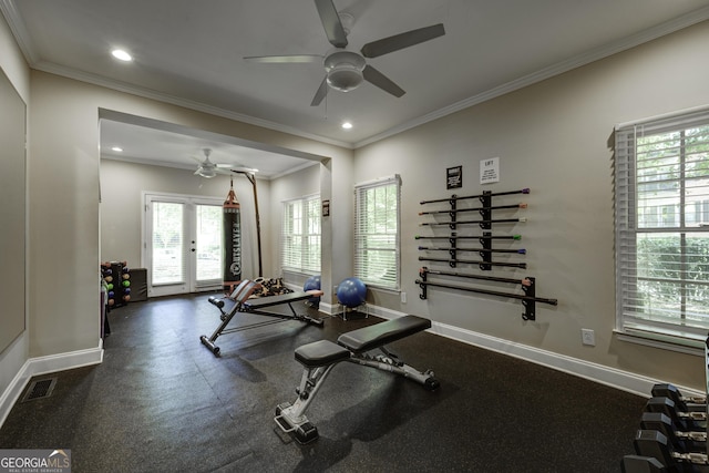 25309 Plantation Dr NE Unit 309, Atlanta, GA 30324 - workout area with a ceiling fan, crown molding, and recessed lighting