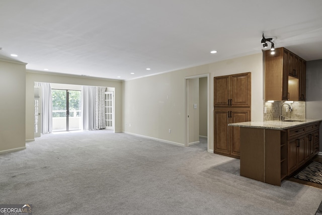 unfurnished living room with ornamental molding, light carpet, a sink, and baseboards