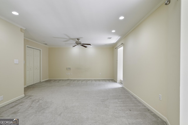 spare room featuring ceiling fan, baseboards, crown molding, and recessed lighting