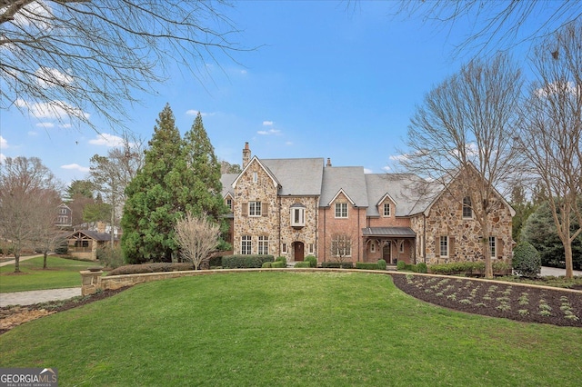 view of front of house with stone siding, a chimney, and a front lawn