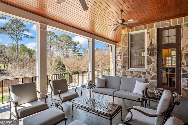 view of patio / terrace featuring ceiling fan and an outdoor hangout area