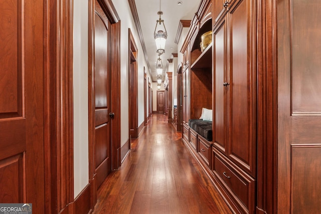 13940 Haystack Ln, Milton, GA 30004 - corridor featuring dark wood-style flooring and crown molding