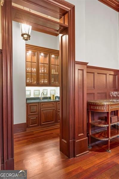 bar featuring wainscoting, dark wood-style floors, a sink, and a decorative wall