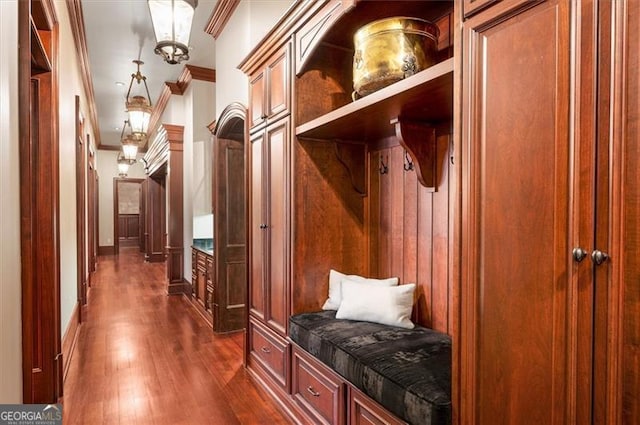 mudroom with crown molding and dark wood finished floors