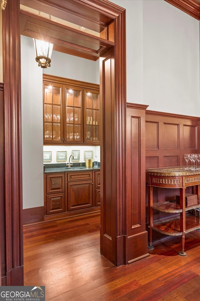 bar featuring dark wood-style floors, a wainscoted wall, a sink, and a decorative wall