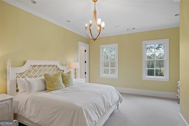 13940 Haystack Ln, Milton, GA 30004 - bedroom with a chandelier, crown molding, multiple windows, and carpet flooring