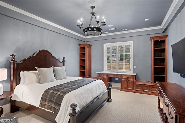 carpeted bedroom with a chandelier, ornamental molding, built in study area, and visible vents