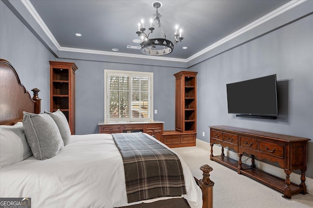 bedroom with crown molding, recessed lighting, light colored carpet, visible vents, and a chandelier