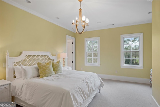 bedroom featuring carpet floors, visible vents, ornamental molding, and multiple windows