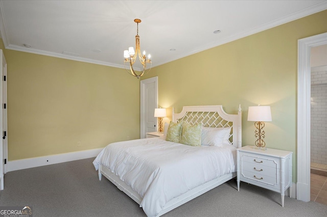 carpeted bedroom with an inviting chandelier, baseboards, and crown molding