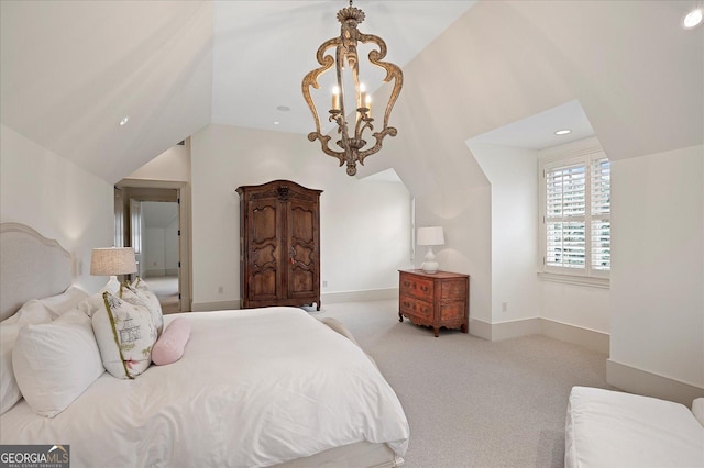 bedroom featuring lofted ceiling, recessed lighting, a notable chandelier, carpet floors, and baseboards