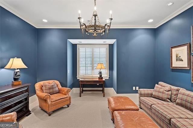 living area featuring a chandelier, crown molding, carpet flooring, baseboards, and recessed lighting