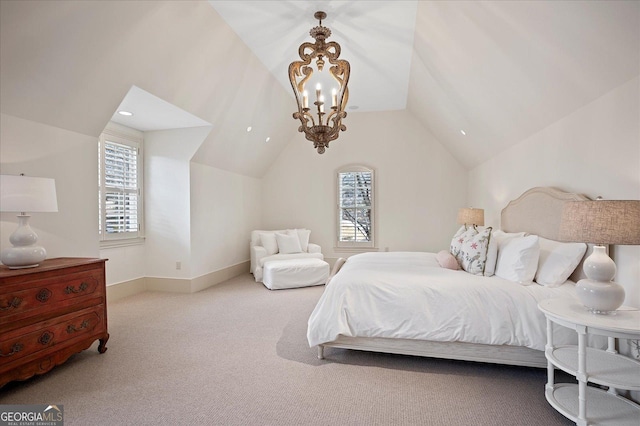 bedroom featuring lofted ceiling, carpet floors, a chandelier, and baseboards