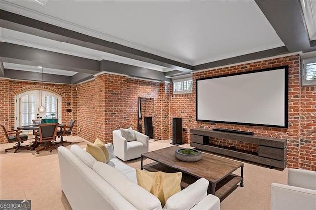13940 Haystack Ln, Milton, GA 30004 - carpeted cinema room with brick wall and ornamental molding