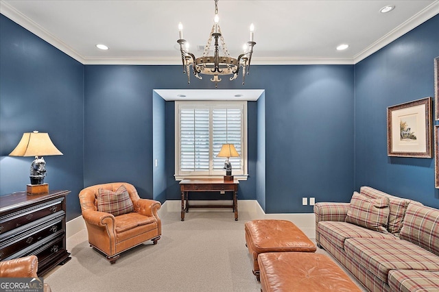 sitting room with baseboards, an inviting chandelier, crown molding, carpet floors, and recessed lighting