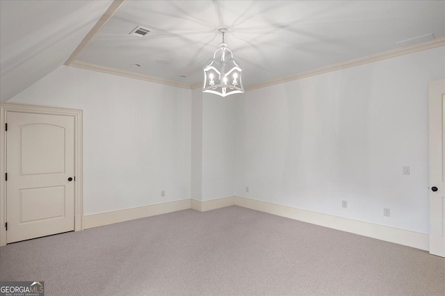 unfurnished room with carpet floors, baseboards, ornamental molding, and a notable chandelier