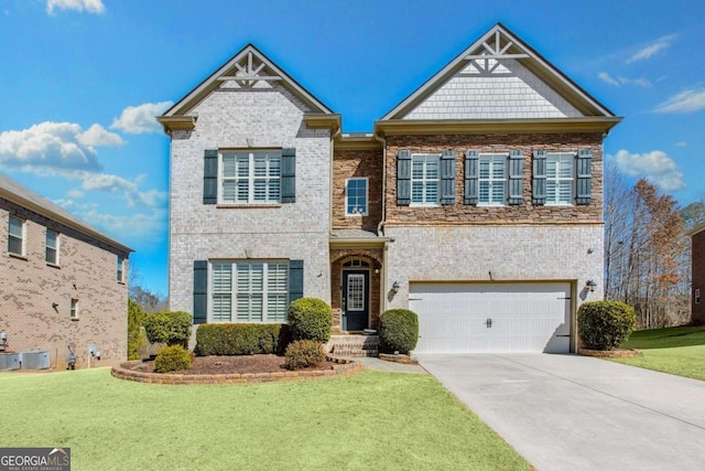 view of front of property with brick siding, concrete driveway, an attached garage, central air condition unit, and a front yard