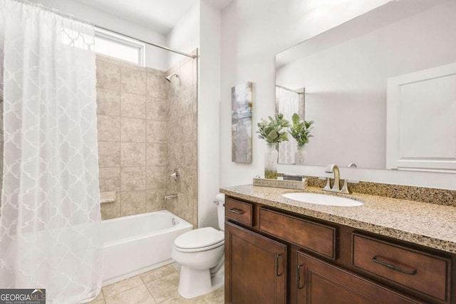 full bath featuring toilet, tile patterned flooring, shower / bath combination with curtain, and vanity