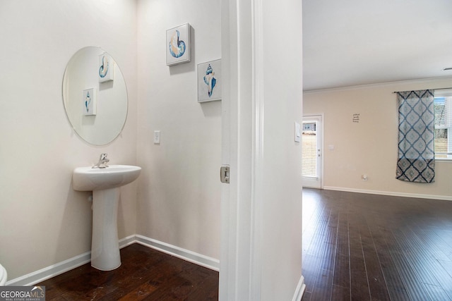 bathroom featuring crown molding, a sink, hardwood / wood-style flooring, and baseboards