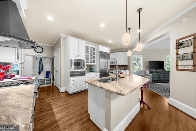 kitchen featuring stainless steel appliances, dark wood finished floors, crown molding, and island exhaust hood