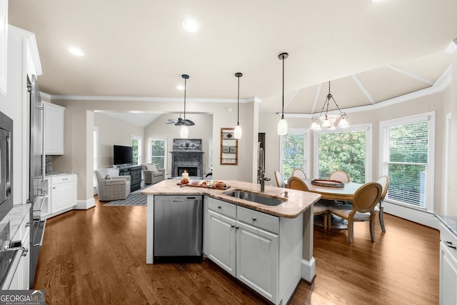 kitchen with dark wood-style flooring, a fireplace, white cabinets, open floor plan, and stainless steel dishwasher