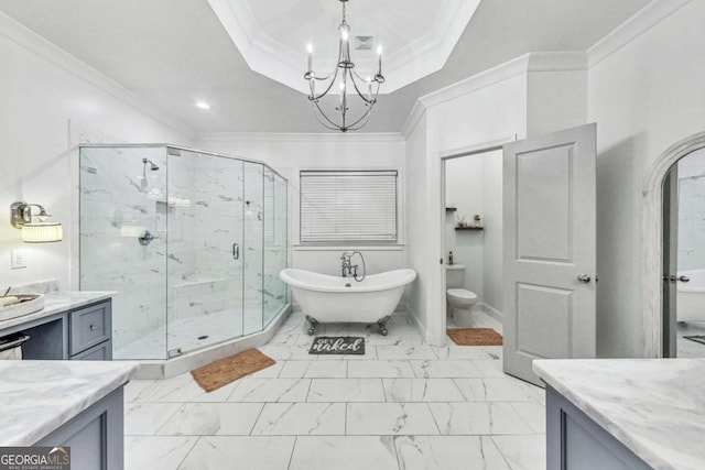 full bathroom featuring ornamental molding, a stall shower, marble finish floor, and a tray ceiling