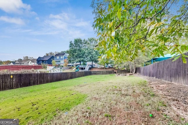 view of yard with a residential view and a fenced backyard