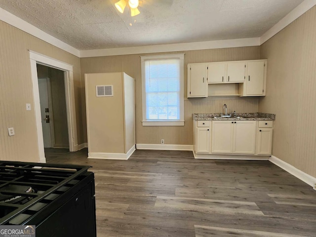 kitchen featuring baseboards, white cabinets, visible vents, dark wood-style flooring, and a sink