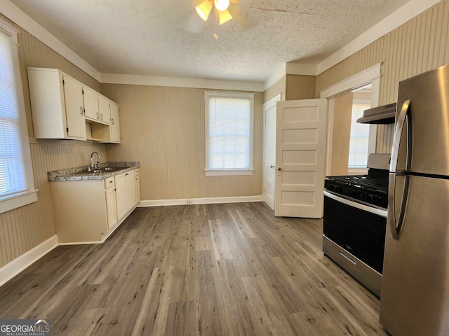 kitchen with appliances with stainless steel finishes, white cabinetry, ventilation hood, and wood finished floors